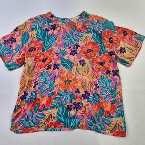 Jack Mulqueen Blouse Womens Large Multicolor Silk Tropical Floral Padded shoulde